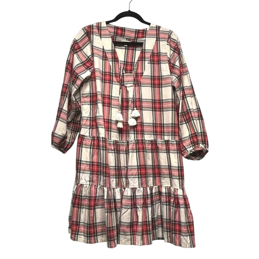 Pink Chicken Dress Boho Hippie Red Plaid Tiered Tassel Cottage Core Prairie Med